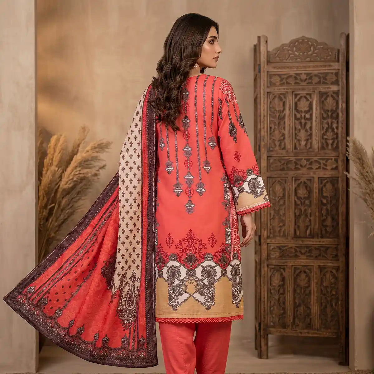 Orchid by KBC Fashion – Printed Khaddar 3 Piece Unstitched Suit – [Coral Red]