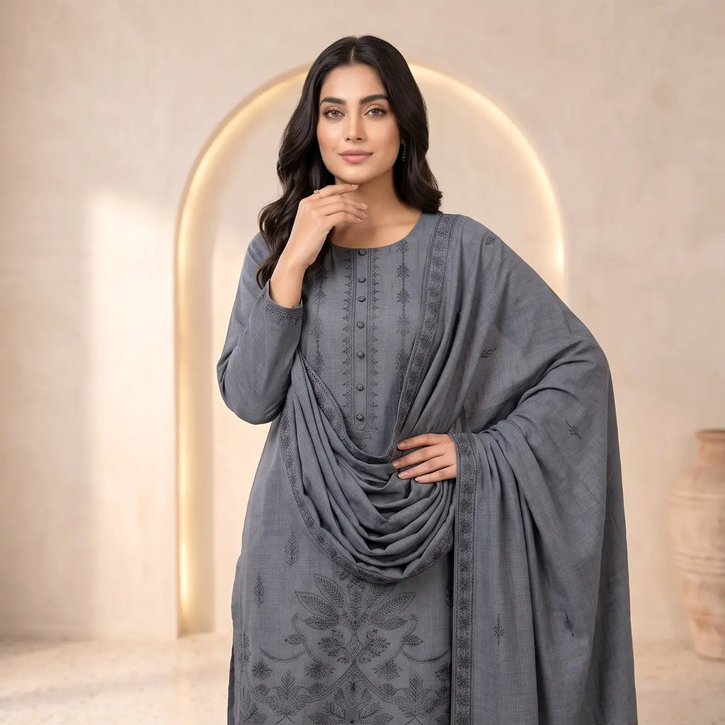 Chaman By Bareeze Embroidery – Unstitched 3 Piece Suit - Gray