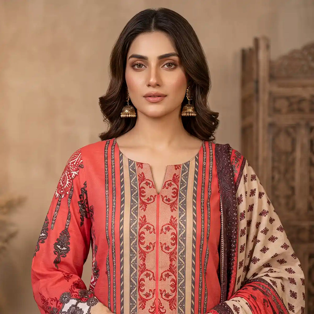 Orchid by KBC Fashion – Printed Khaddar 3 Piece Unstitched Suit – [Coral Red]
