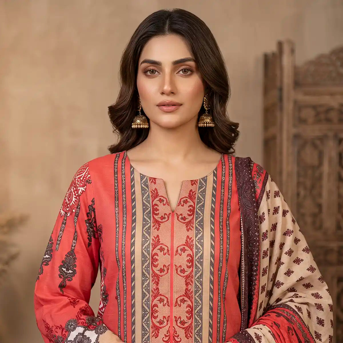 Orchid by KBC Fashion – Printed Khaddar 3 Piece Unstitched Suit – [Coral Red]