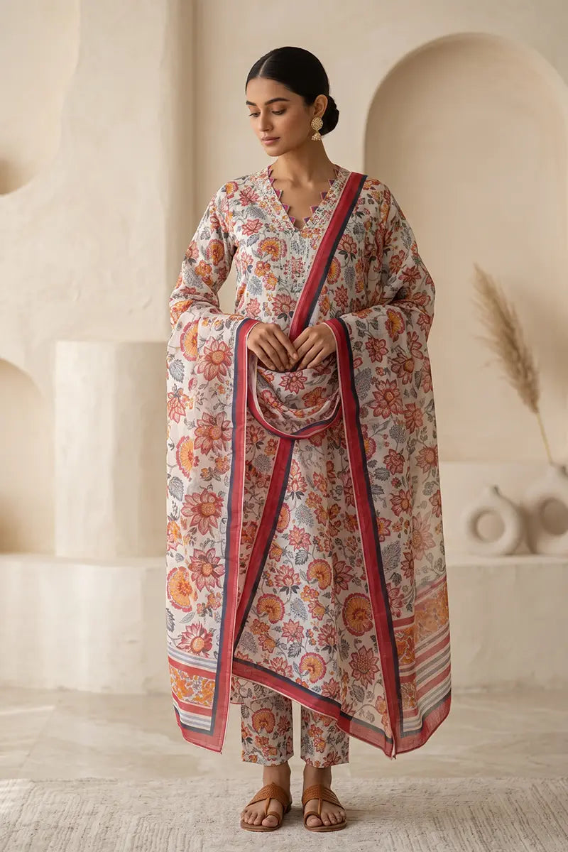 Beechtree - 2piece Stitched suit (Shirt & Dupatta) (Soft Cream)