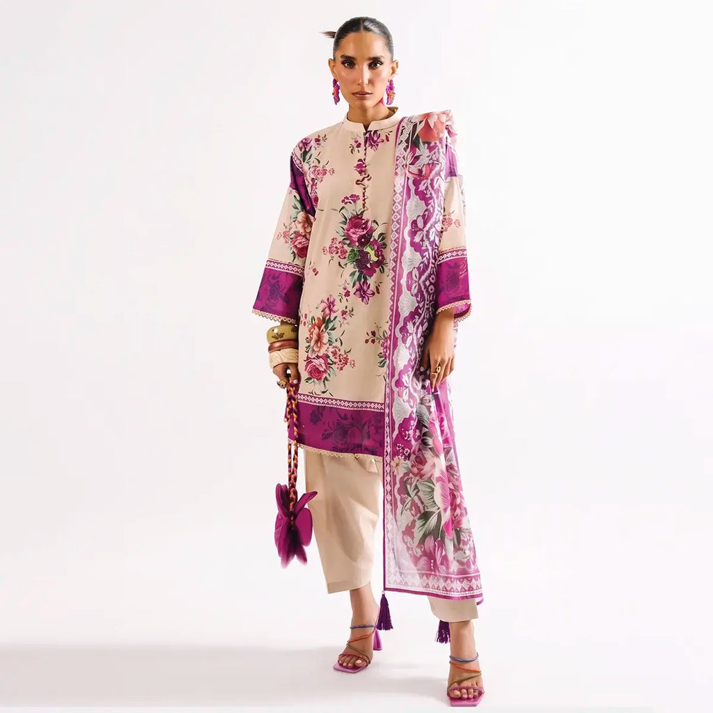 Agha Noor 3-Piece Unstitched Printed Premier Cambric Suit – Beige