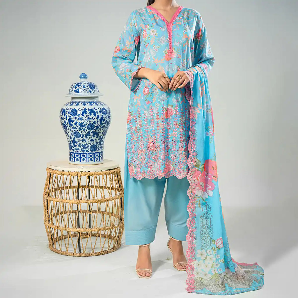 Aarzoo By KBC Fashion – 3 Piece Unstitched Embroidered Lawn Suit  – Light ferozi