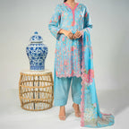 Aarzoo By KBC Fashion – 3 Piece Unstitched Embroidered Lawn Suit  – Light ferozi