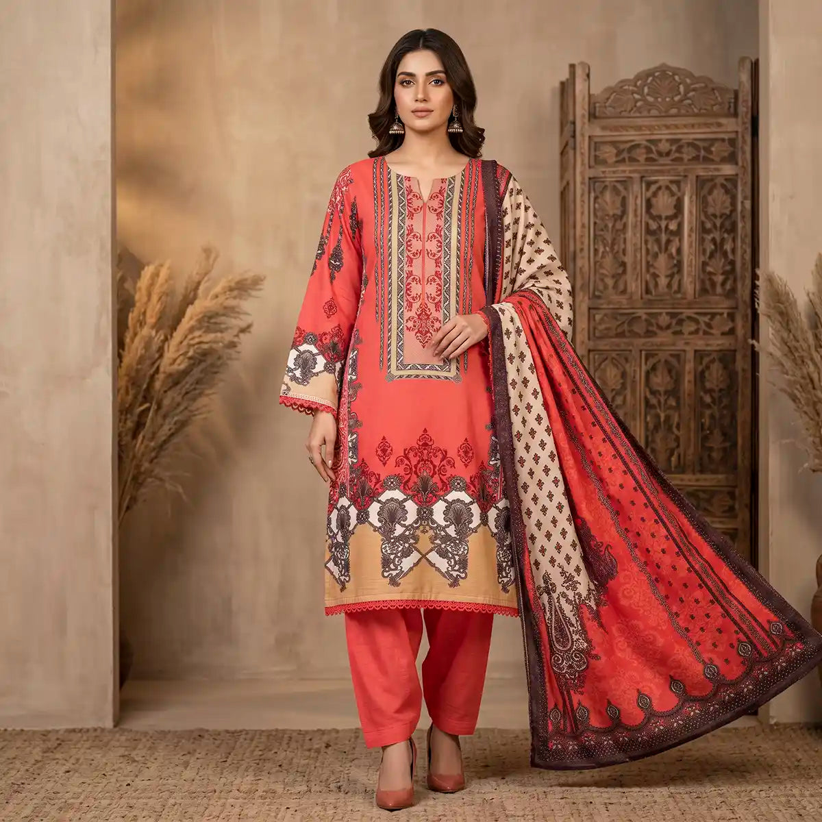 Orchid by KBC Fashion – Printed Khaddar 3 Piece Unstitched Suit – [Coral Red]