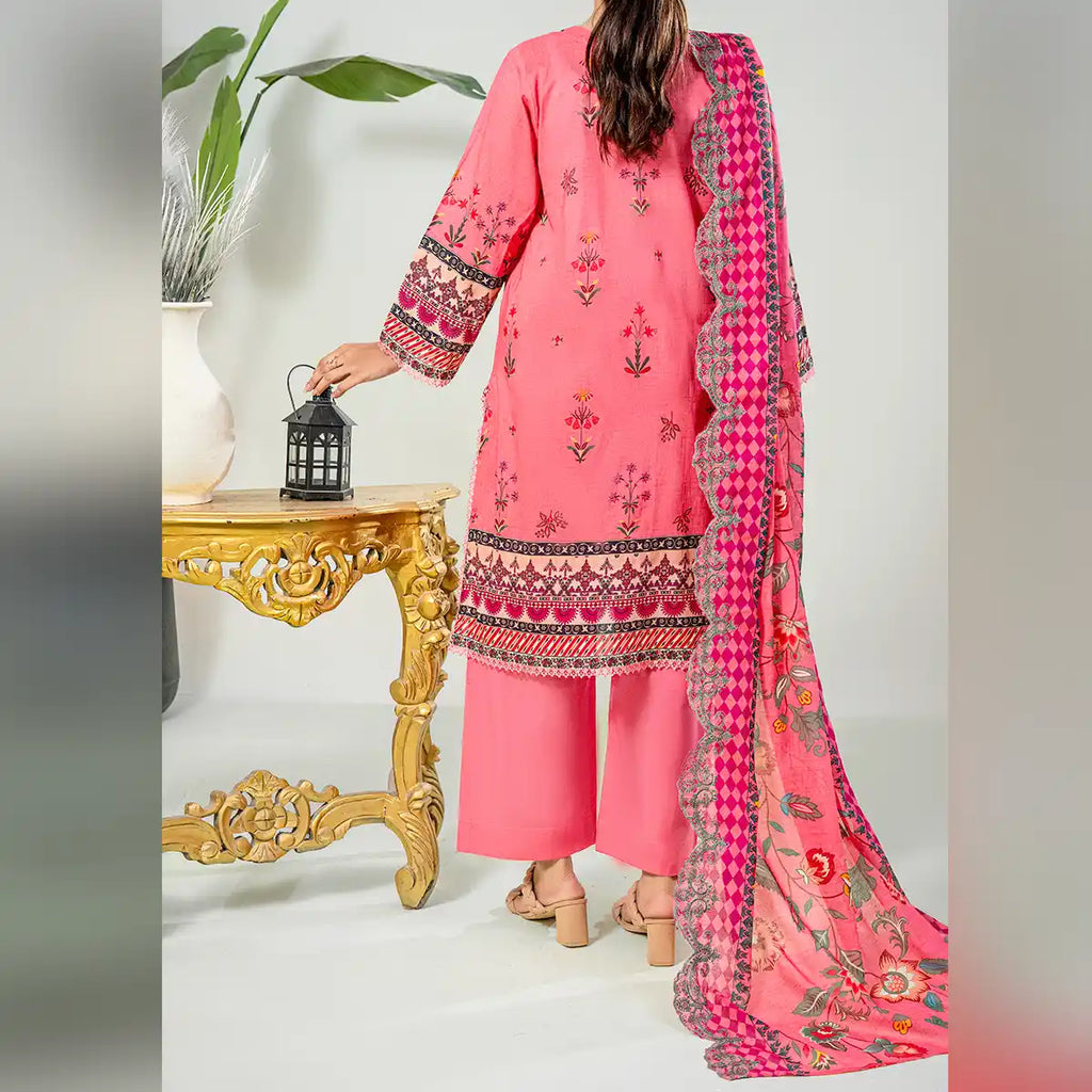 Aarzoo By KBC Fashion – 3 Piece Unstitched Embroidered Lawn Suit  – Coral Pink