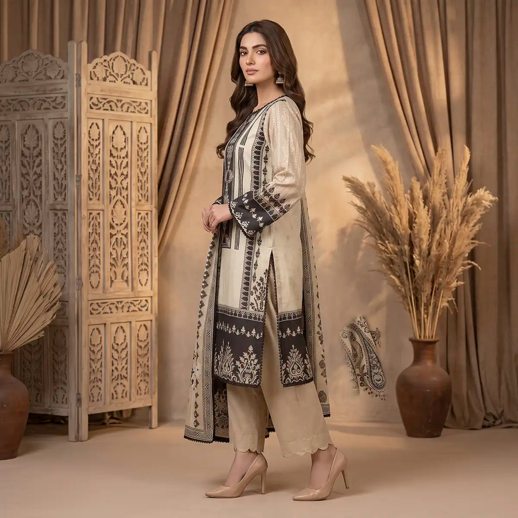 Orchid by KBC Fashion – Printed Khaddar 3 Piece Unstitched Suit – [Beige Cream]