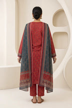 Beechtree - 2piece Stitched suit (Shirt & Dupatta) (Deep Red & Slate Blue)