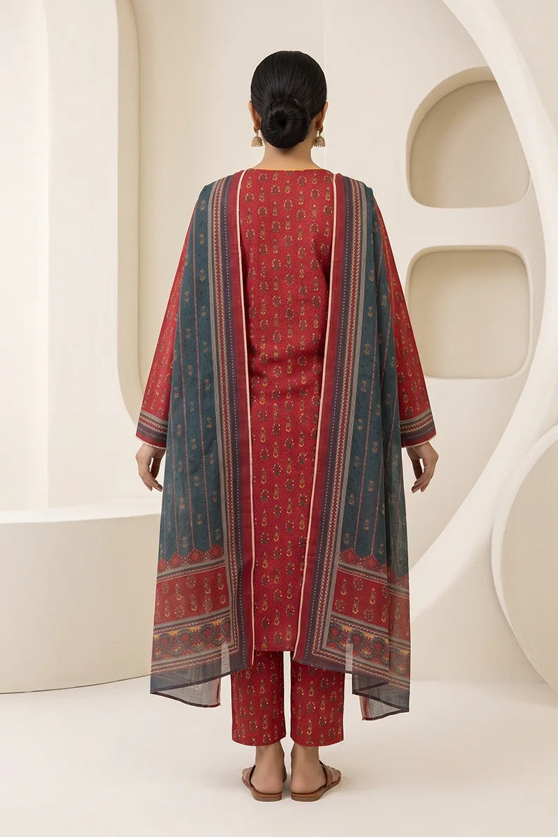 Beechtree - 2piece Stitched suit (Shirt & Dupatta) (Deep Red & Slate Blue)