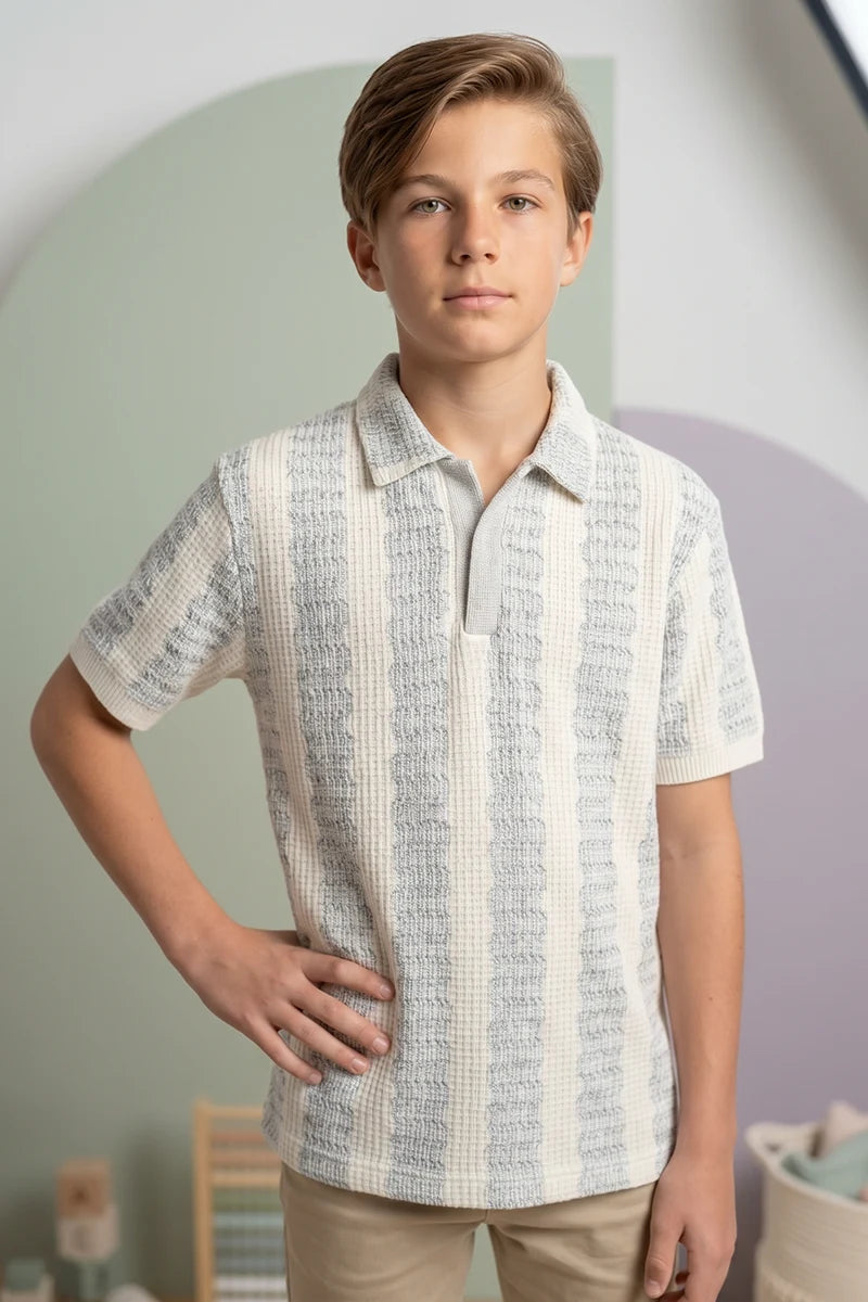 Boy’s Textured Knit Polo Shirt - Silver Rust