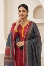 Beechtree - 2piece Stitched suit (Shirt & Dupatta) (Deep Red & Slate Blue)