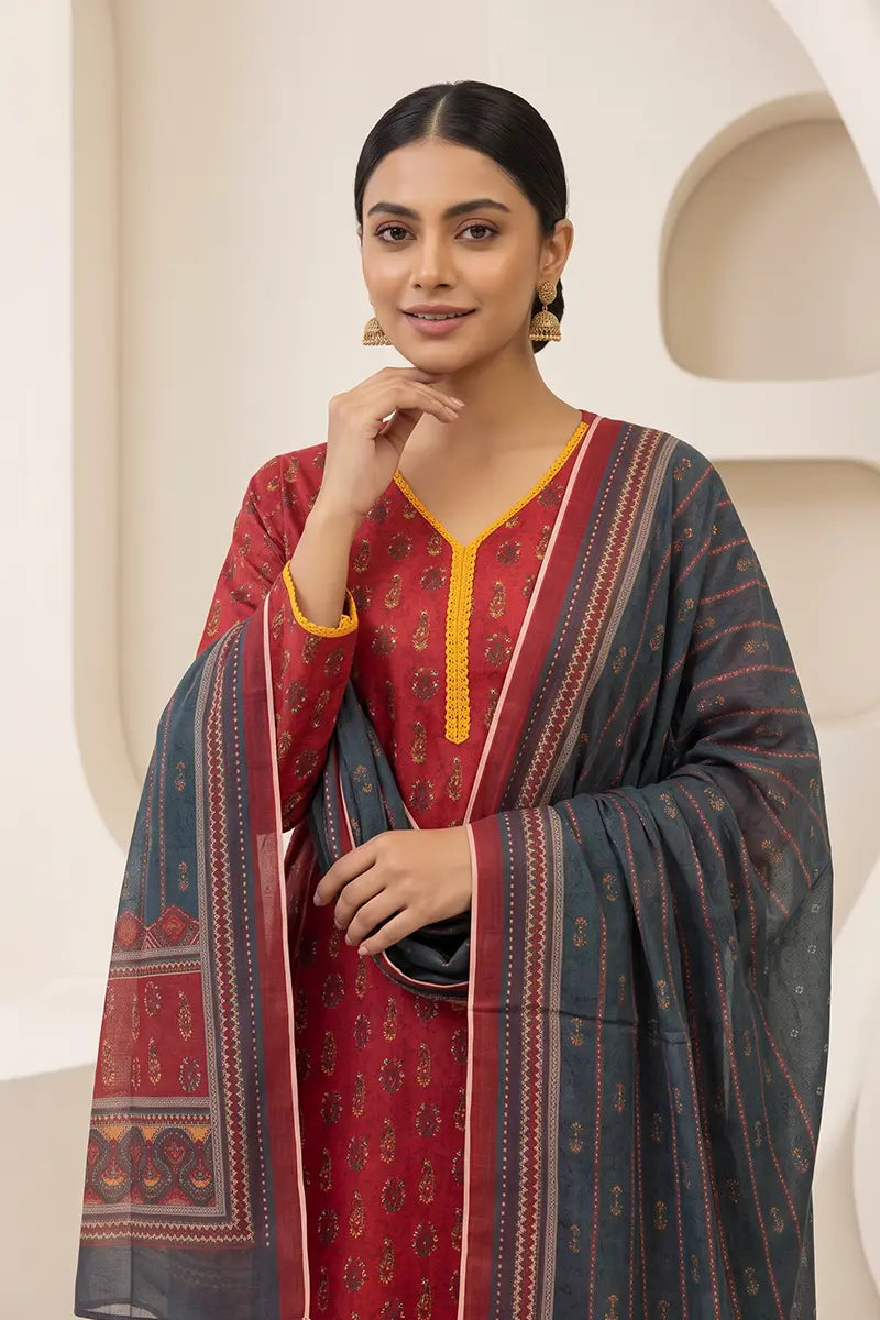 Beechtree - 2piece Stitched suit (Shirt & Dupatta) (Deep Red & Slate Blue)