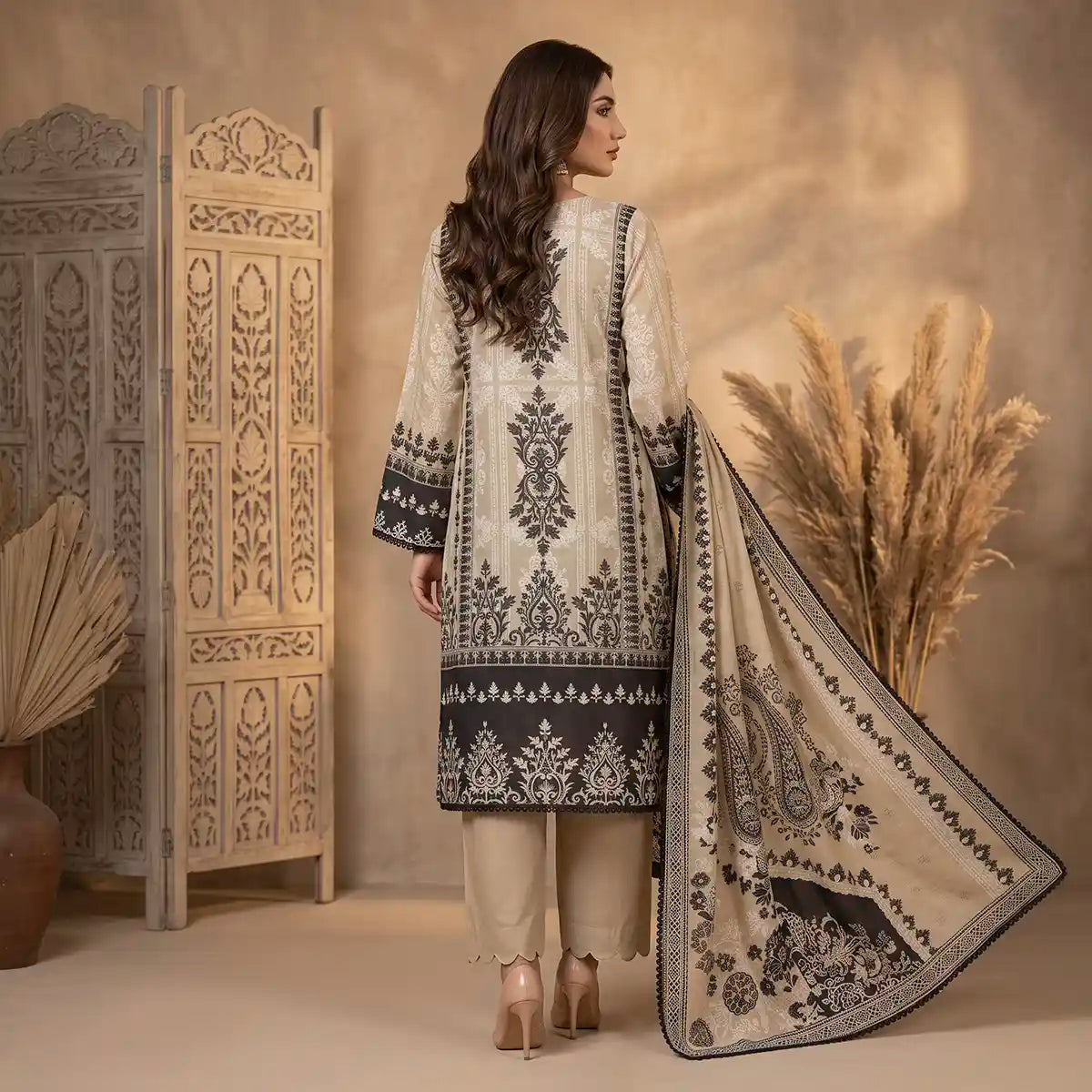 Orchid by KBC Fashion – Printed Khaddar 3 Piece Unstitched Suit – [Beige Cream]