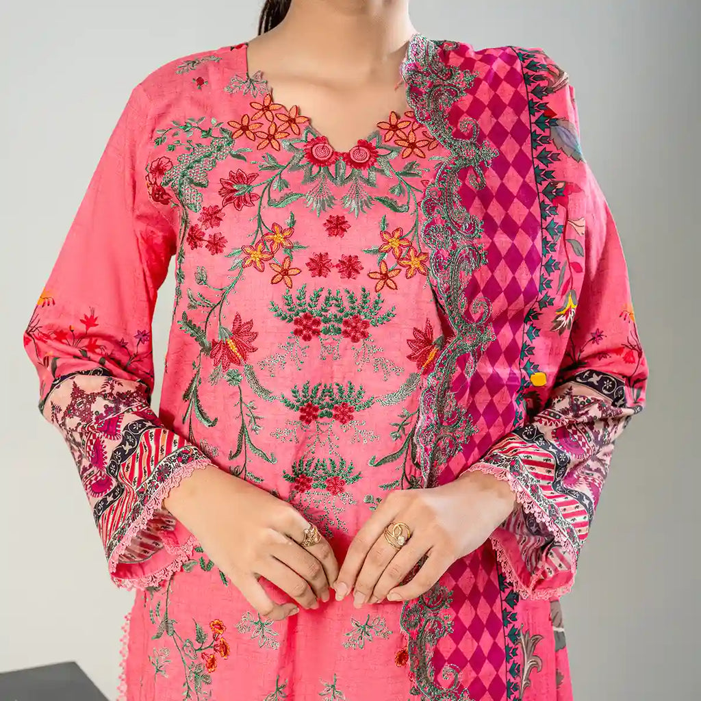 Aarzoo By KBC Fashion – 3 Piece Unstitched Embroidered Lawn Suit  – Coral Pink
