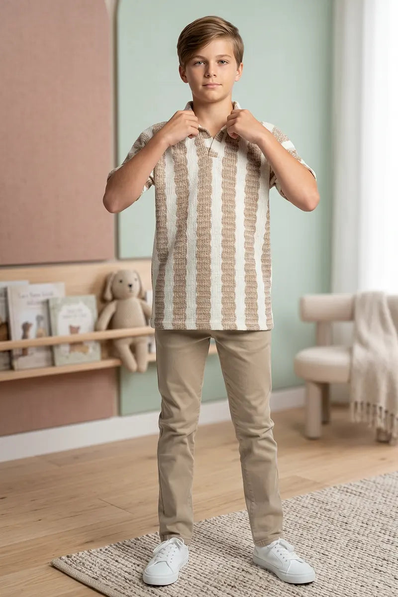 Boy’s Textured Knit Polo Shirt - Beige