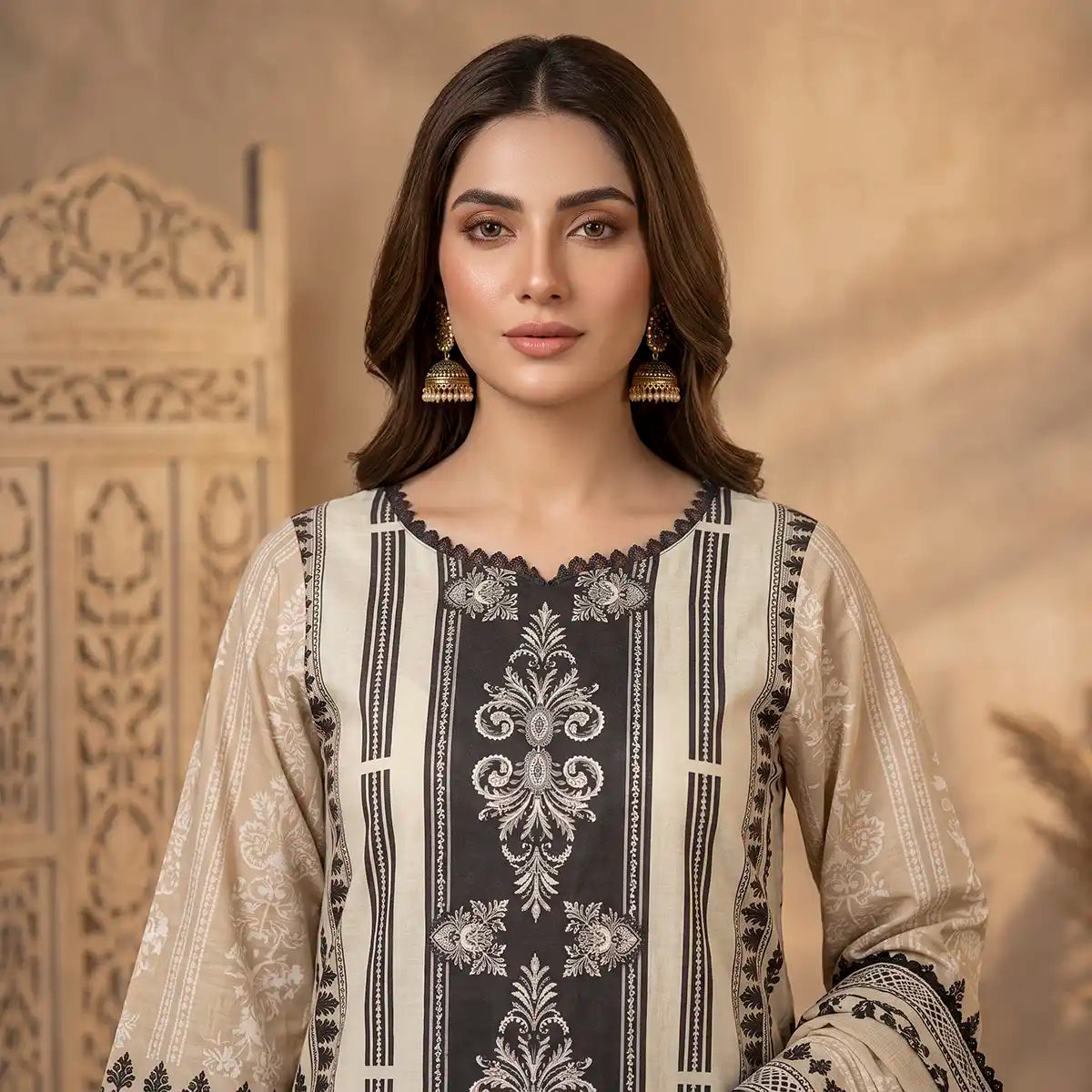 Orchid by KBC Fashion – Printed Khaddar 3 Piece Unstitched Suit – [Beige Cream]