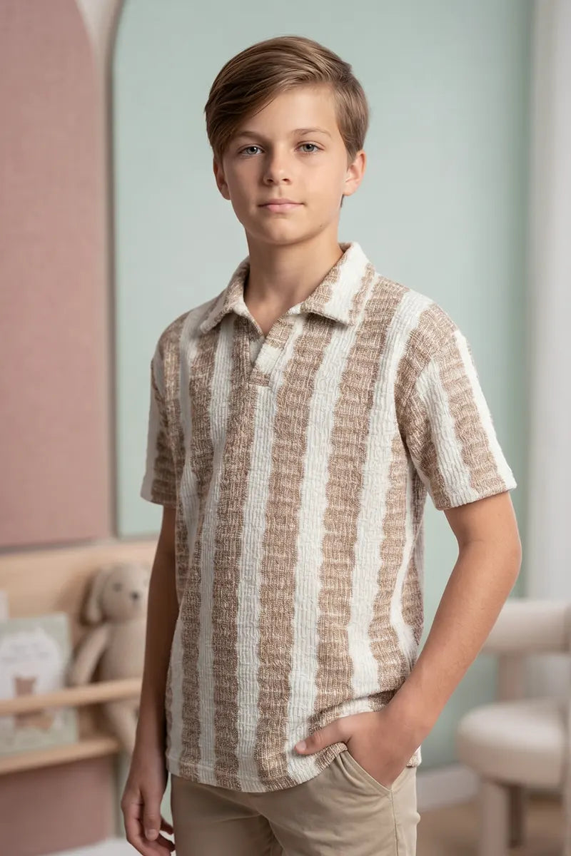 Boy’s Textured Knit Polo Shirt - Beige