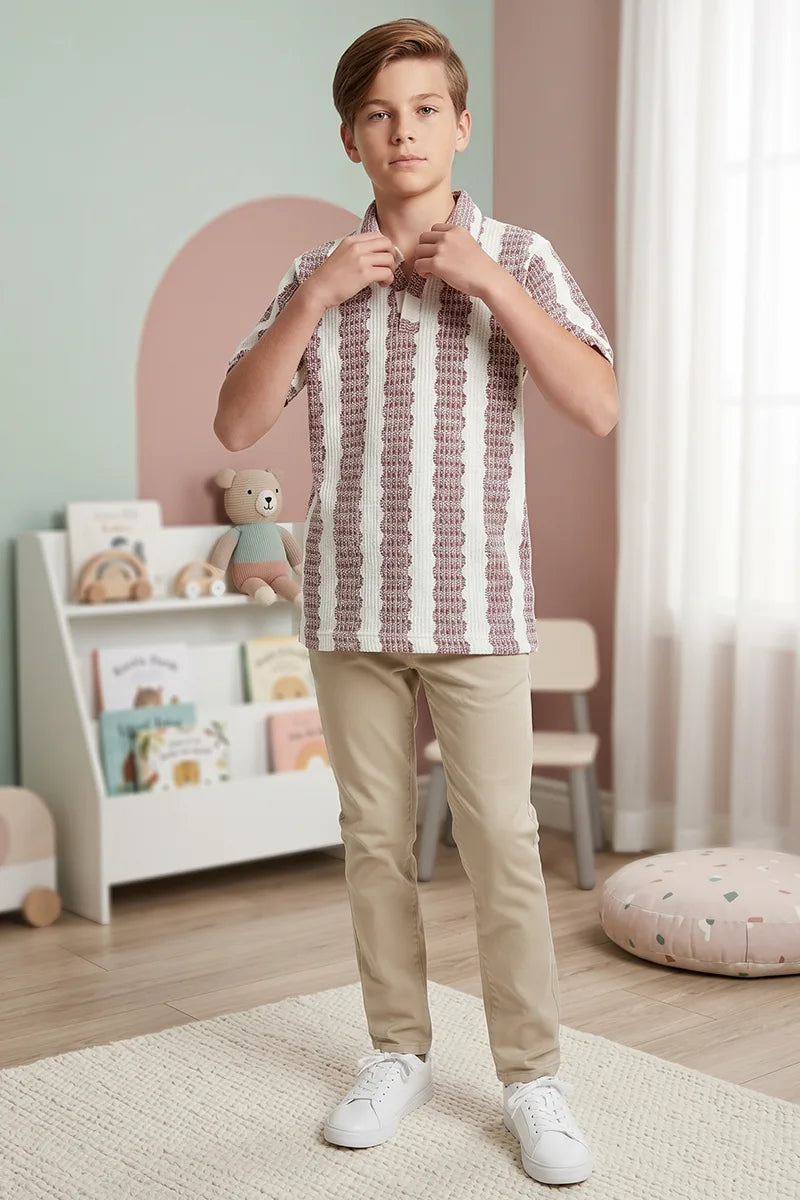 Boy’s Textured Knit Polo Shirt - Purple