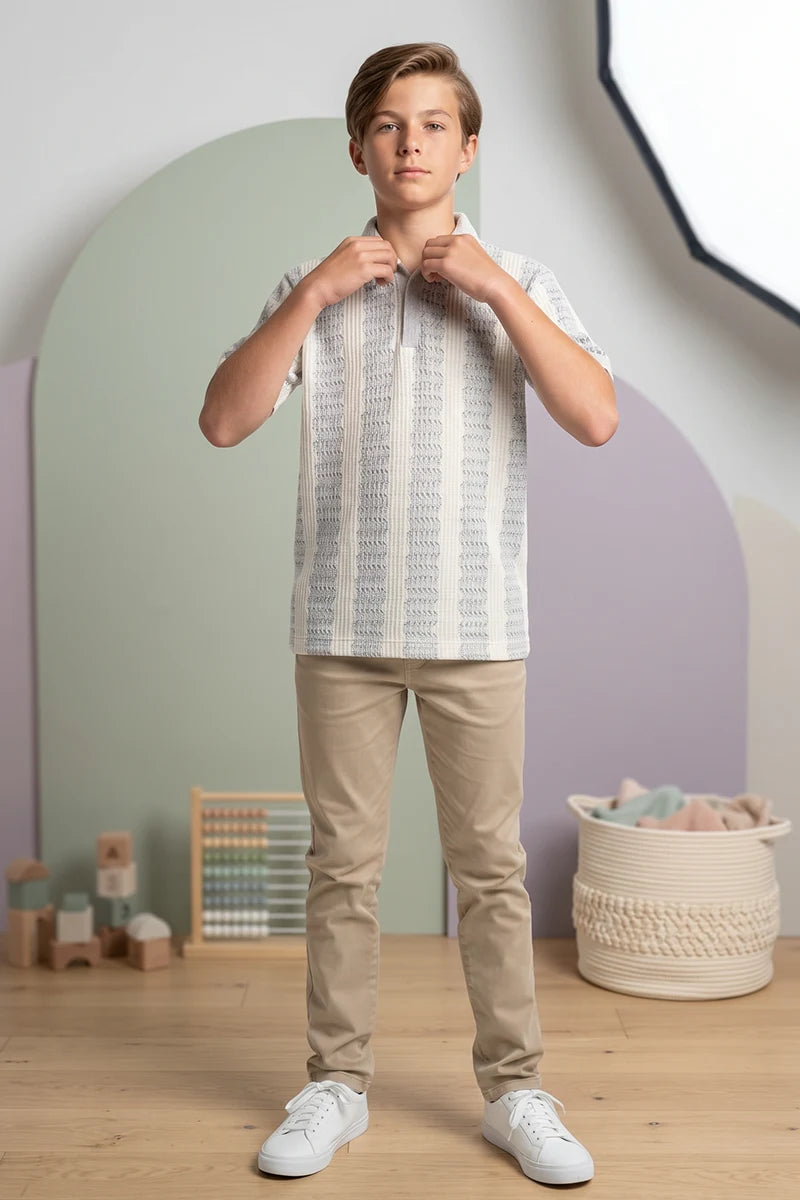 Boy’s Textured Knit Polo Shirt - Silver Rust