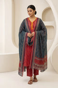 Beechtree - 2piece Stitched suit (Shirt & Dupatta) (Deep Red & Slate Blue)