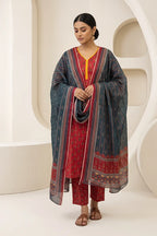 Beechtree - 2piece Stitched suit (Shirt & Dupatta) (Deep Red & Slate Blue)