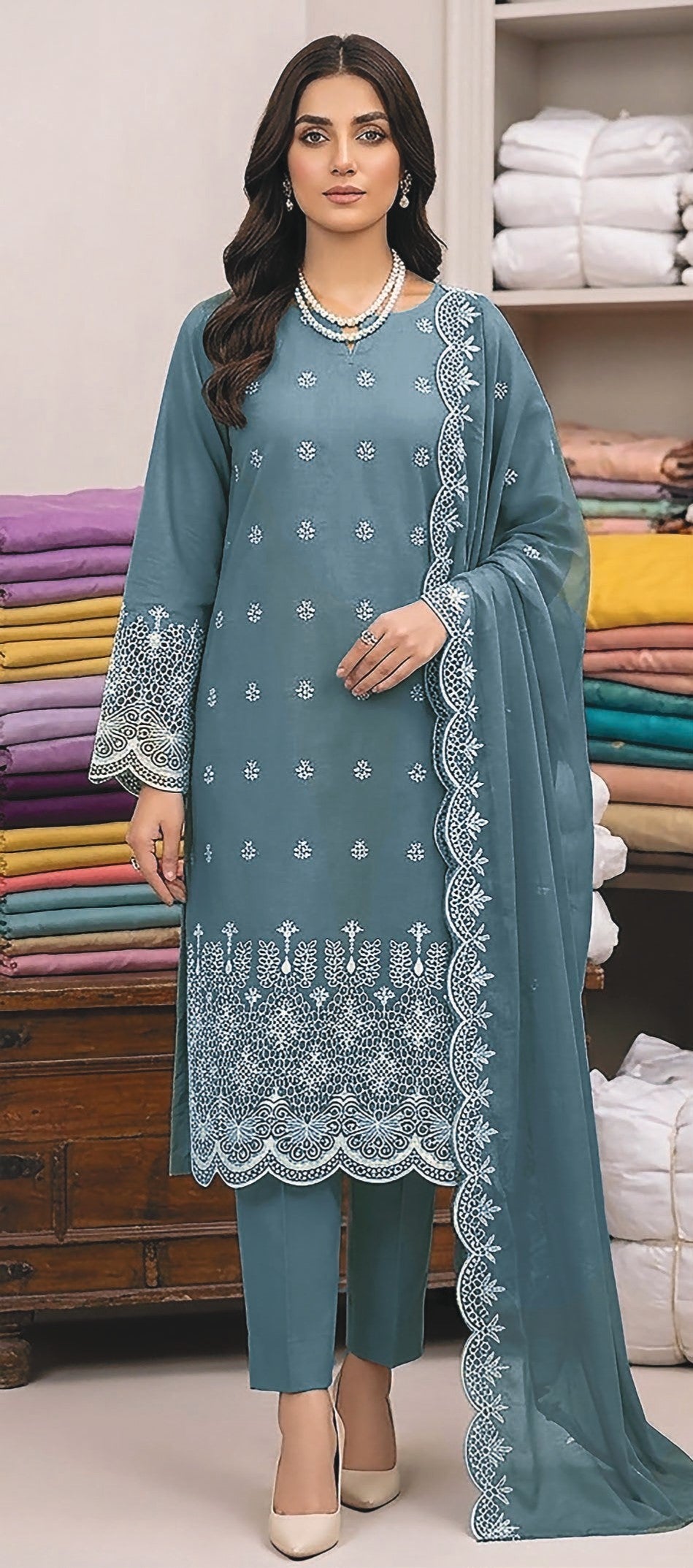 Rimal by UK Vol-48 3PC Unstitched Schiffli Embroidered Lawn Suit (Blue)