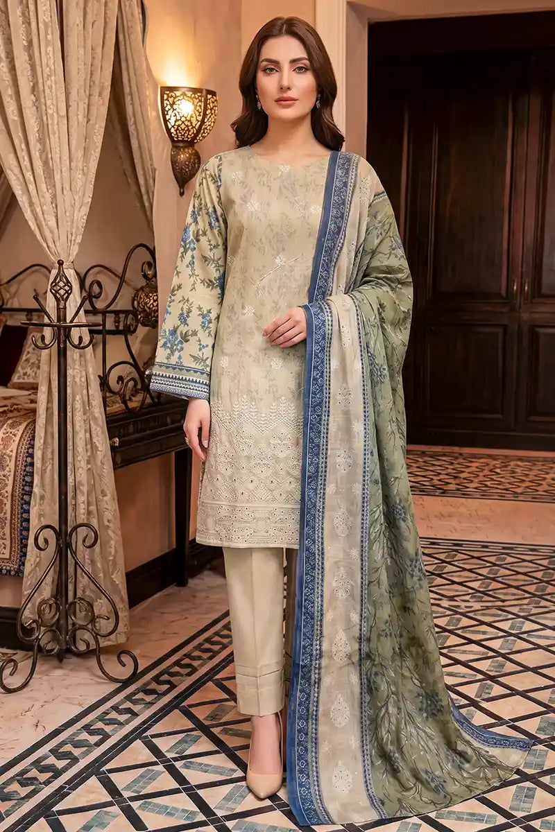 Rimal Vol 118 – Embroidered Unstitched 3-Piece Lawn Suit (Sage Beige)