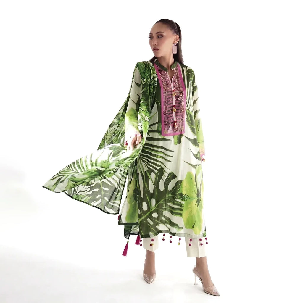 Agha Noor 3-Piece Unstitched Printed Premier Cambric Suit – Pista & Green