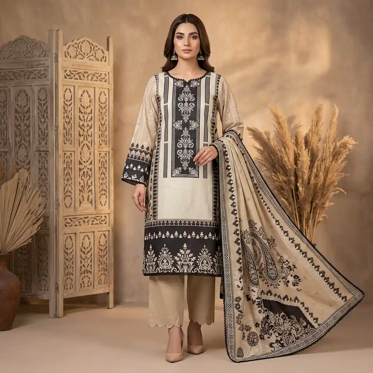 Orchid by KBC Fashion – Printed Khaddar 3 Piece Unstitched Suit – [Beige Cream]