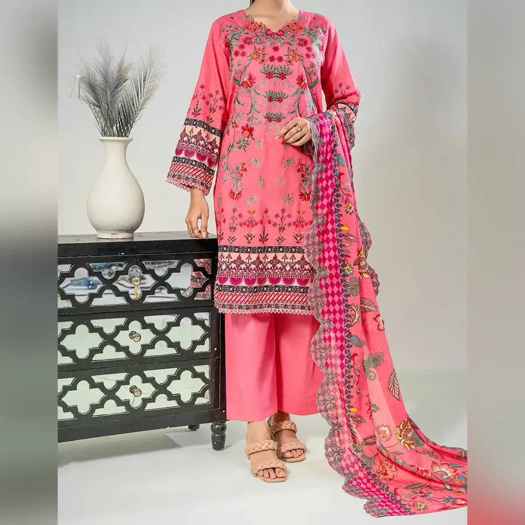 Aarzoo By KBC Fashion – 3 Piece Unstitched Embroidered Lawn Suit  – Coral Pink