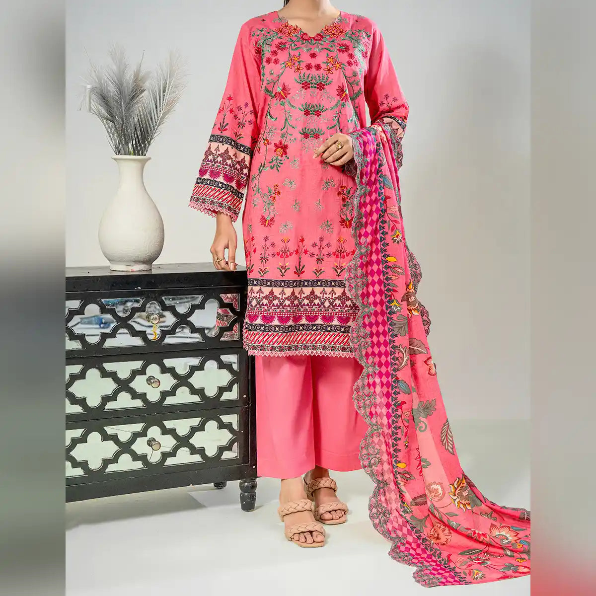 Aarzoo By KBC Fashion – 3 Piece Unstitched Embroidered Lawn Suit  – Coral Pink