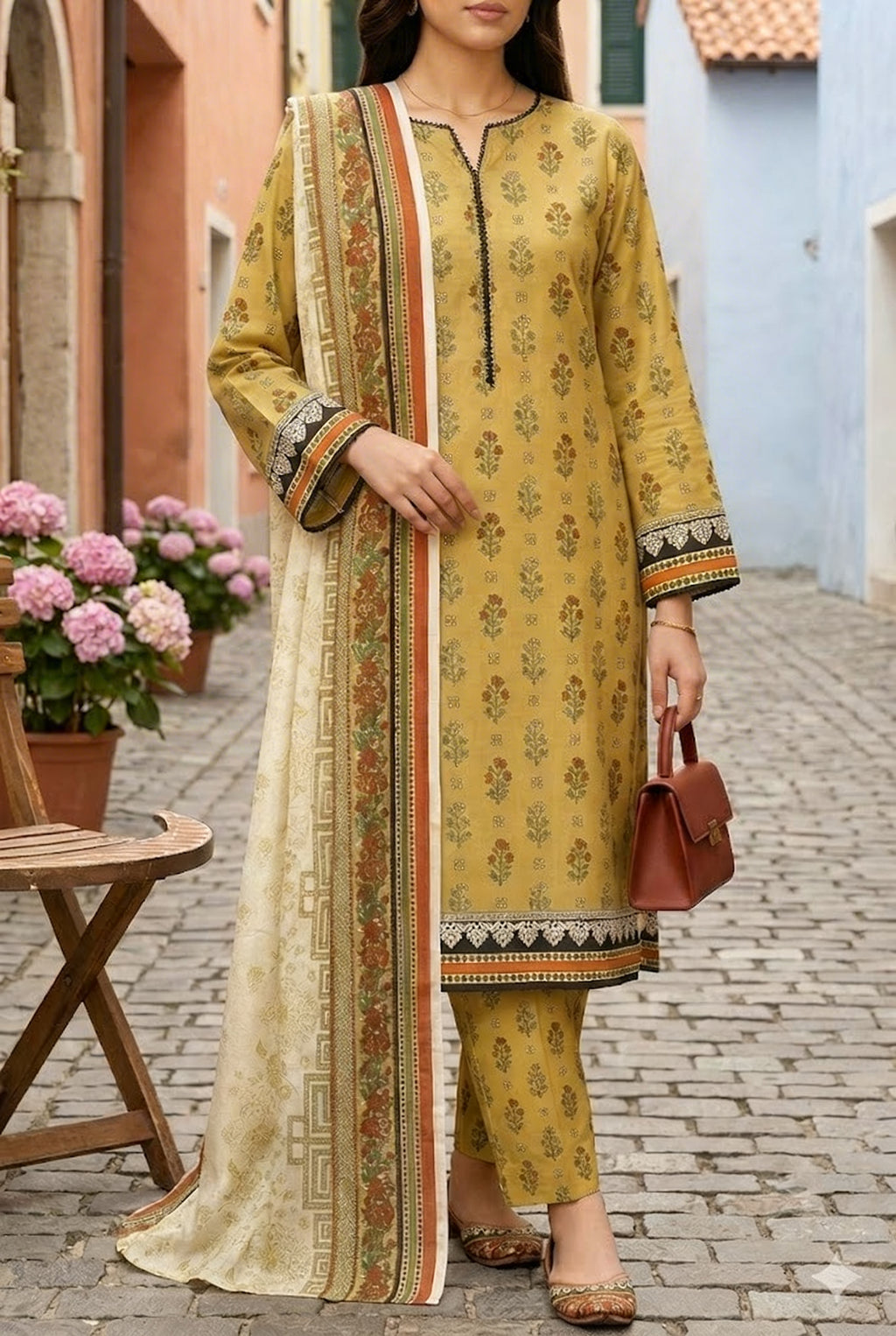Keyseria By Jaffrani-3PC Unstitch Lawn Chapter-5-(Mustard)