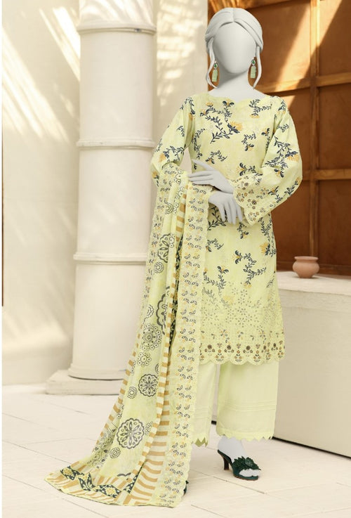 Mannequin wearing a light green floral outfit with a matching dupatta in an outdoor setting.