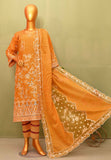 A mannequin displaying an orange 3-piece heavy embroidered lawn outfit with embroidery and a dupatta.
