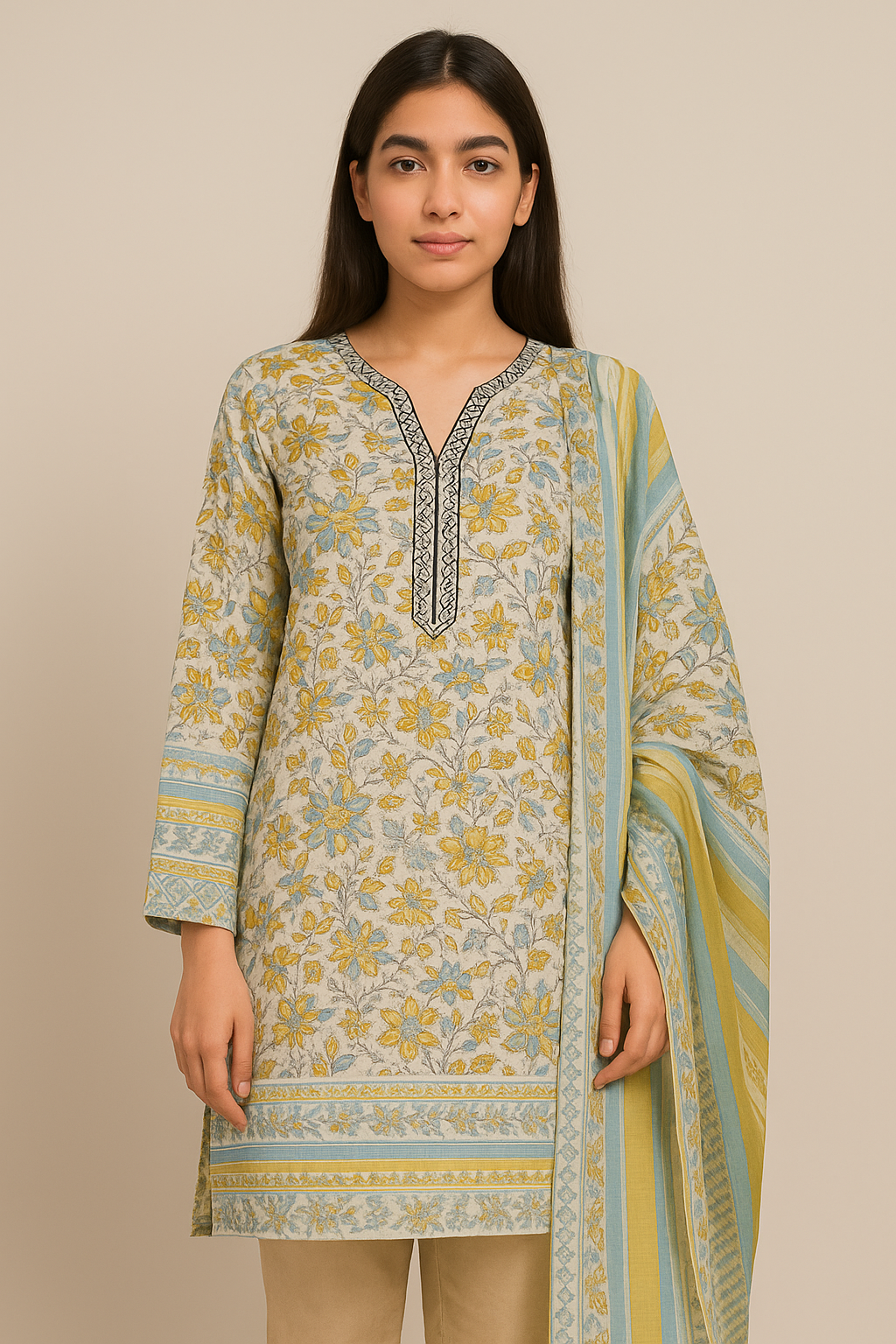 A woman wearing a 2-piece lawn suit with a shirt and dupatta featuring a floral and geometric pattern in a light color palette.