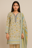 A woman wearing a 2-piece lawn suit with a shirt and dupatta featuring a floral and geometric pattern in a light color palette.