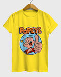 A yellow graphic jersey t-shirt with a retro arcade character 'Popeye' printed in the center.