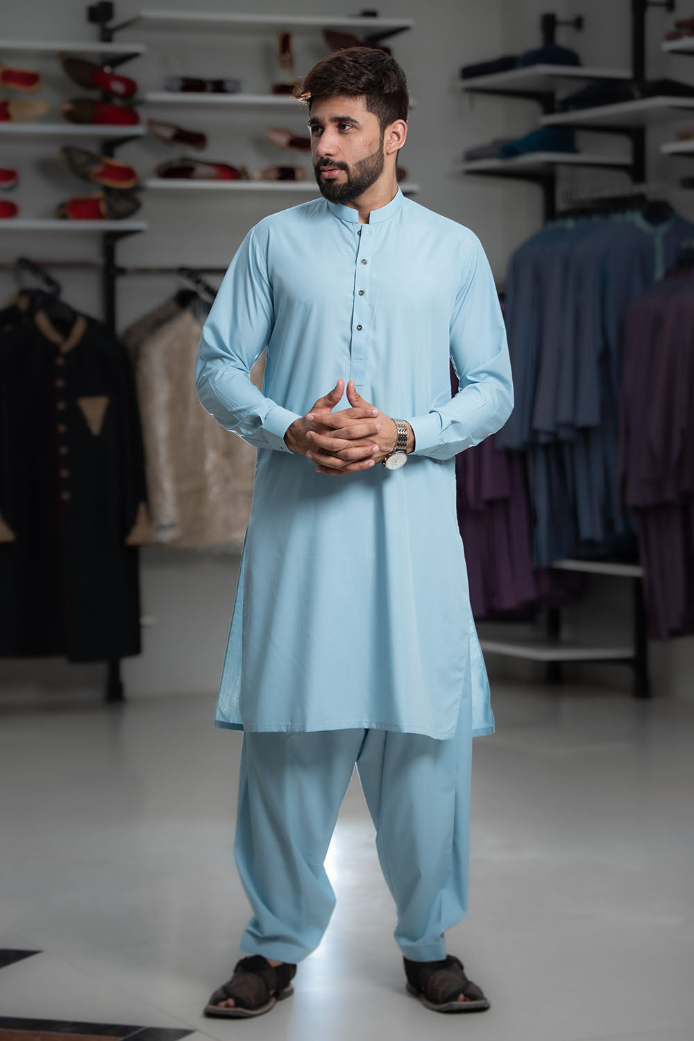 Gul Ahmed Men’s Unstitched Wash & Wear Unstitched Suit (Ice Blue)