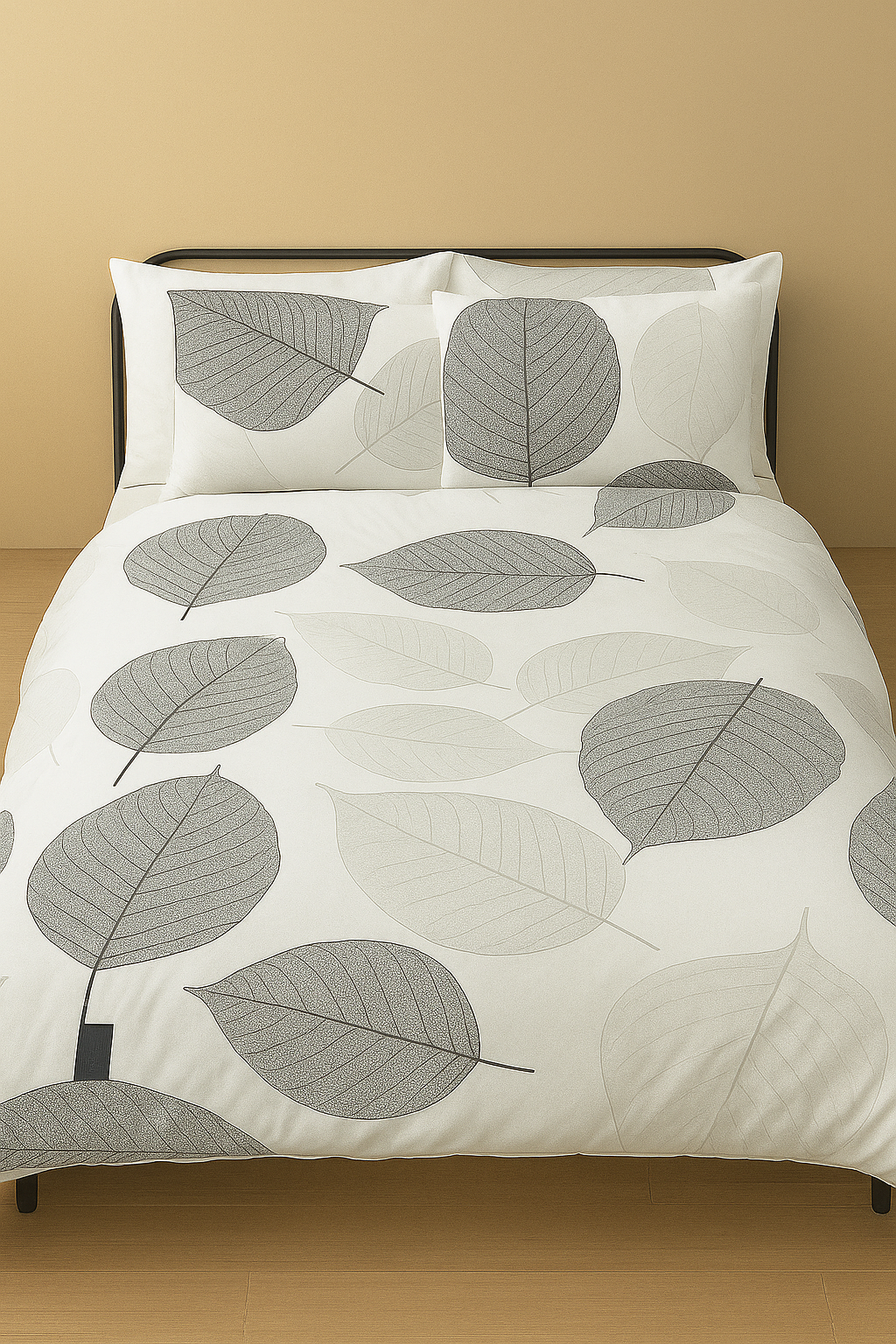 Bedding set with leaf pattern on a beige background
