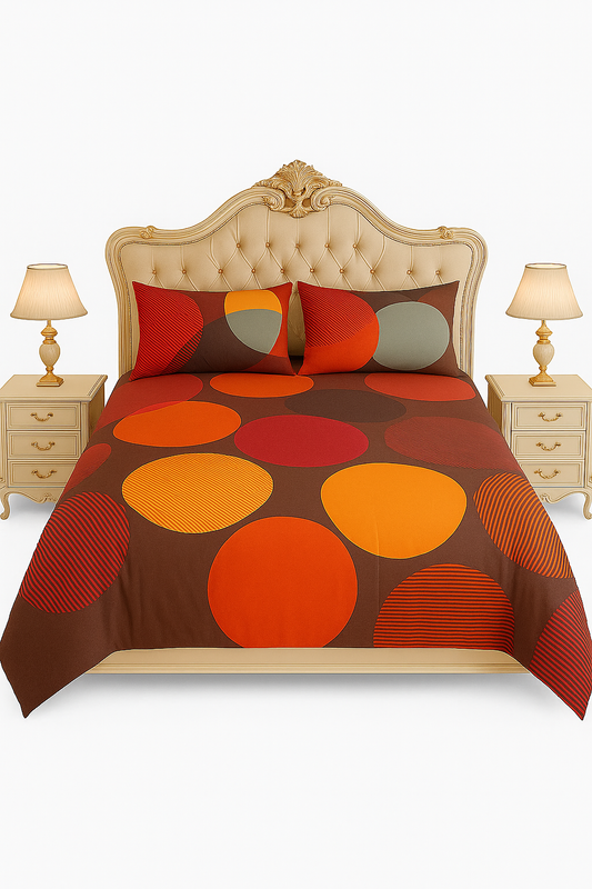 Bedsheet_cotton_satan patterned bedding, nightstands, and lamps on a white background