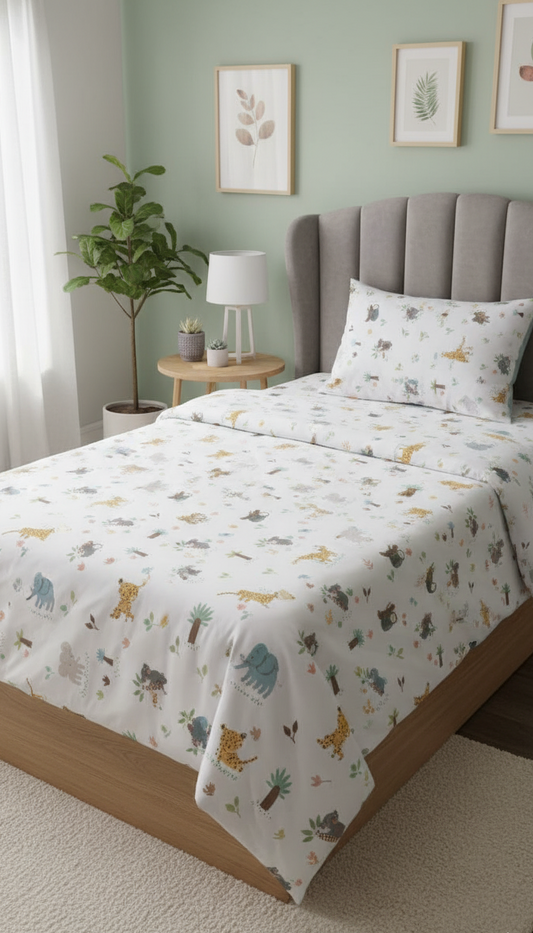 Bed with animal-patterned bedding in a bedroom setting