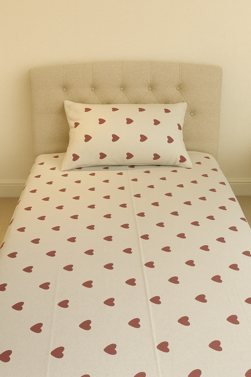 Bedsheet with heart-patterned bedding and pillow against a beige headboard.