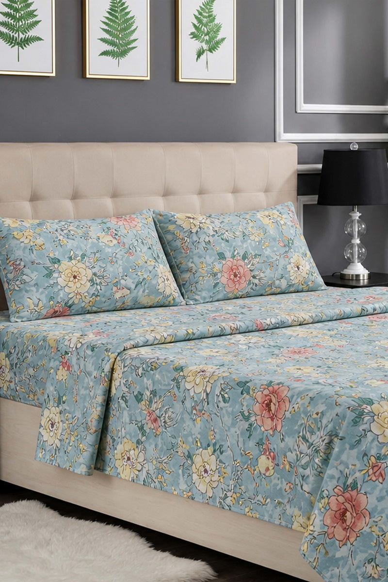Premium Cotton Fitted Bed Sheet Set By KBC (Light Blue)