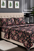 Premium Cotton Fitted Bed Sheet Set By KBC (Black Floral)