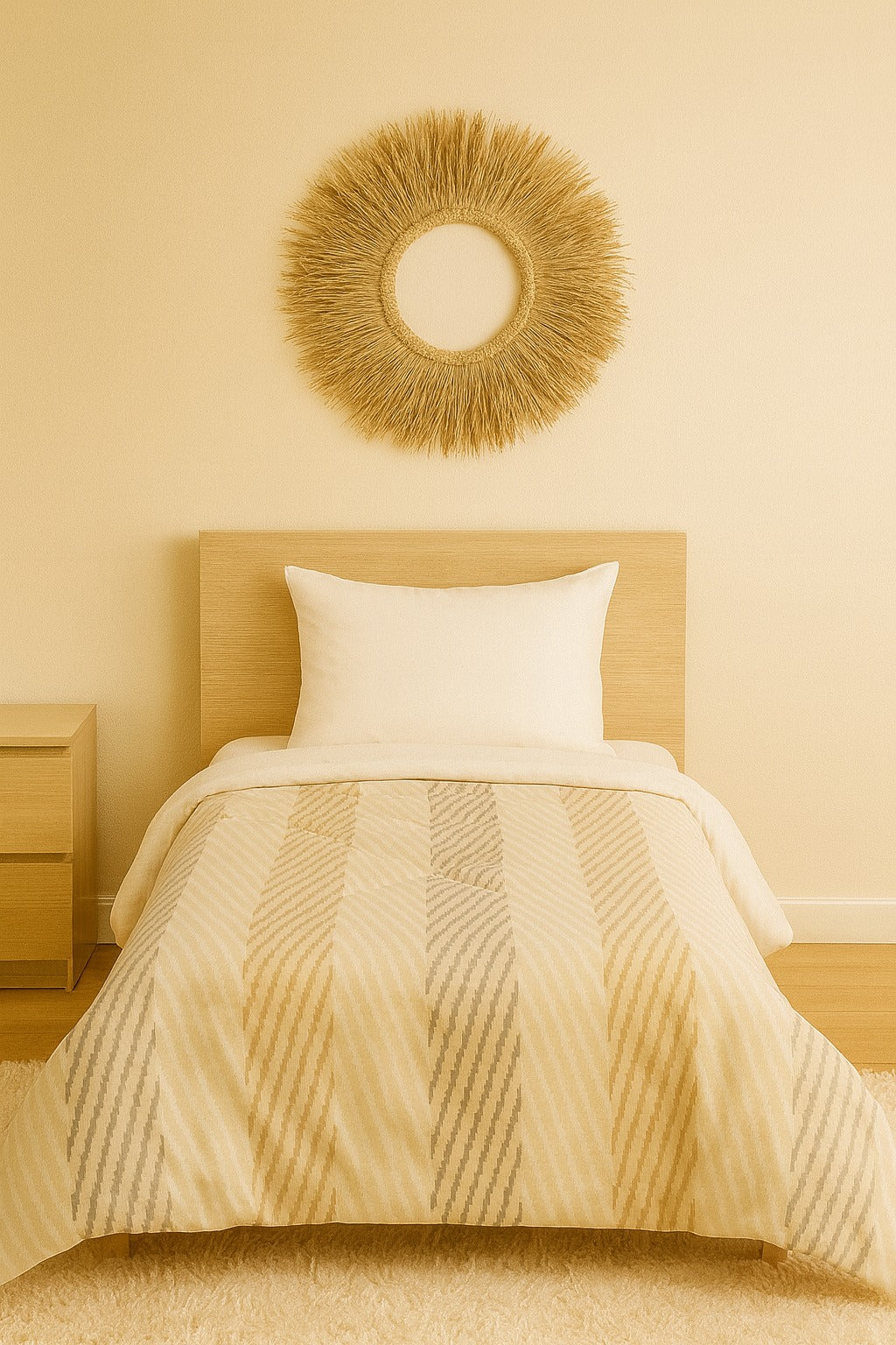 Beige bedroom with a bed, headboard, and decorative wall piece.
