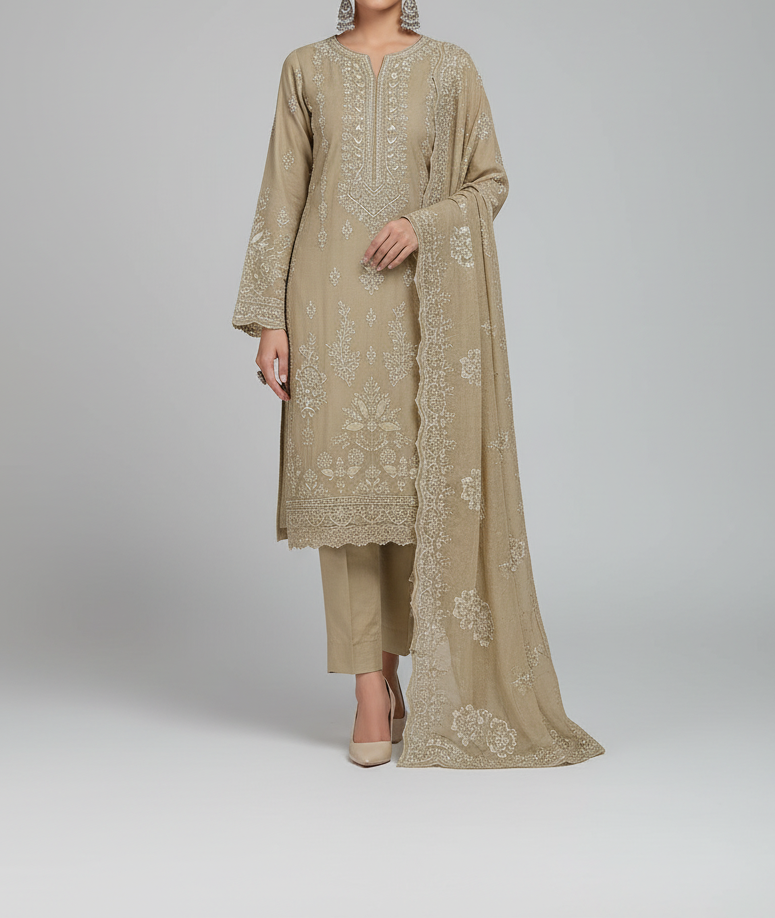 Beige embroidered outfit with dupatta on a plain background