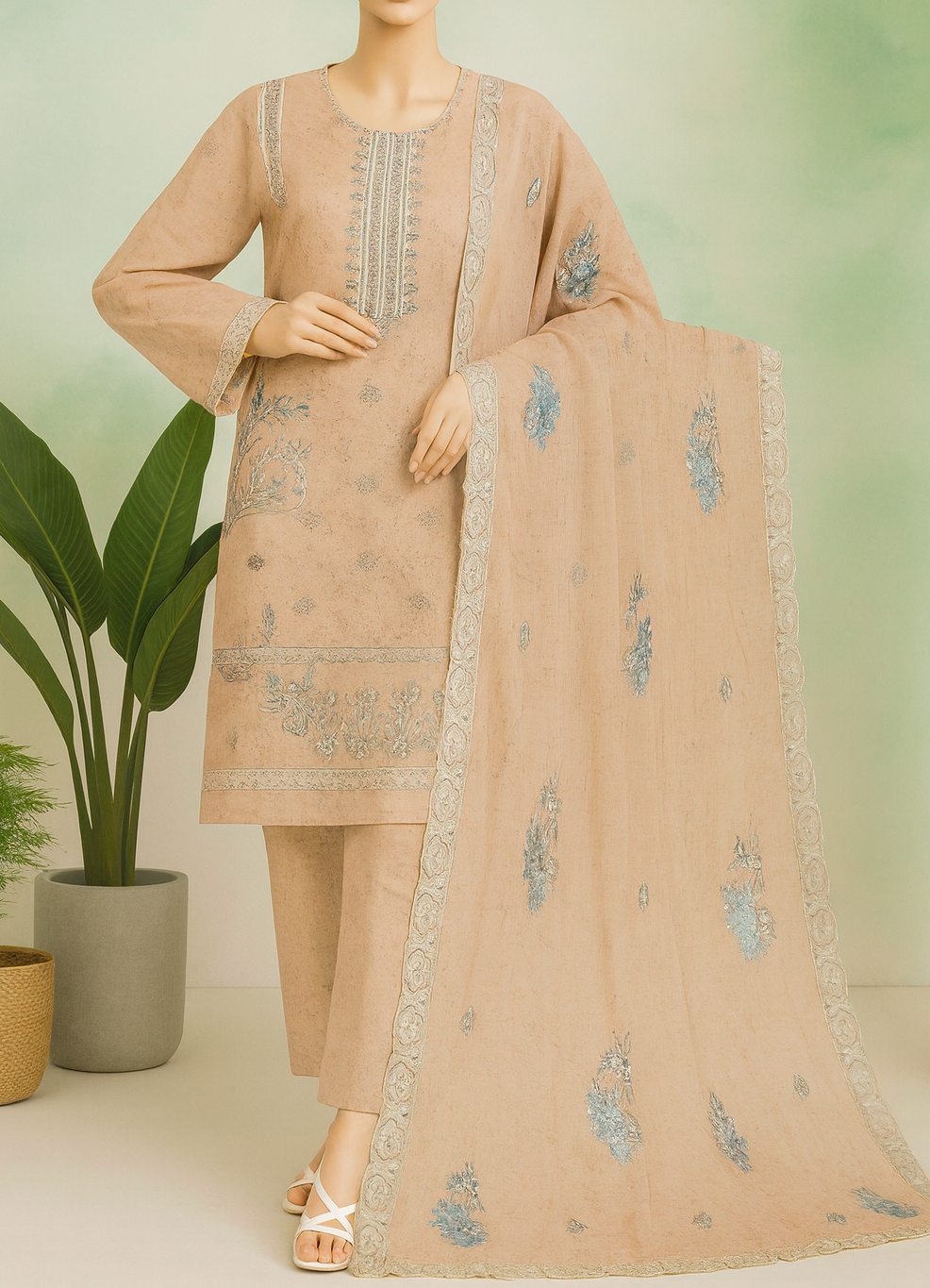 Beige embroidered traditional outfit with dupatta on a light Beige background