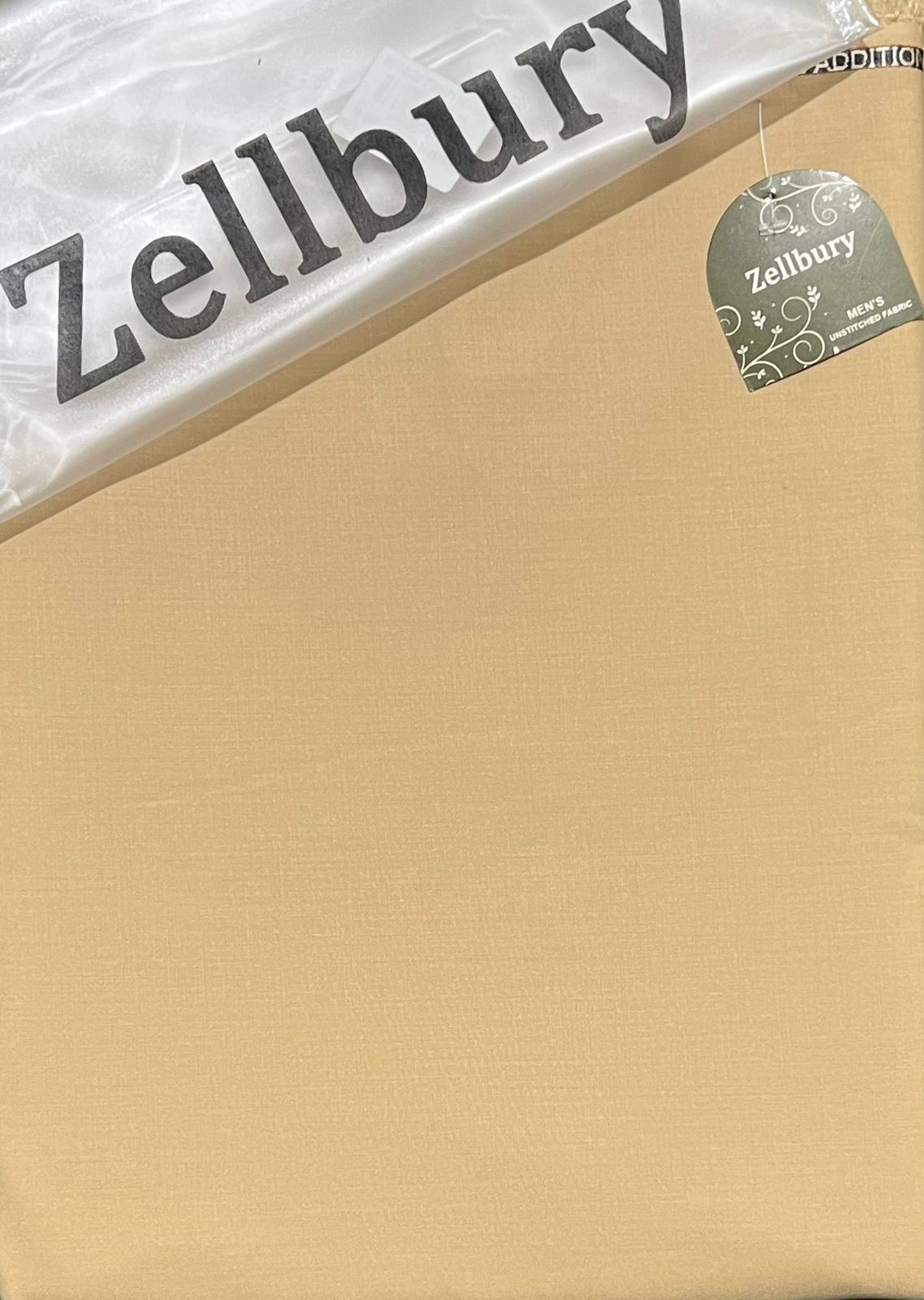 Beige fabric with Zellbury branding on a clear plastic cover