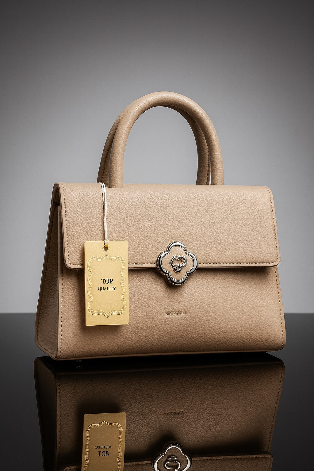 Beige handbag with a gold tag on a reflective surface and gray background