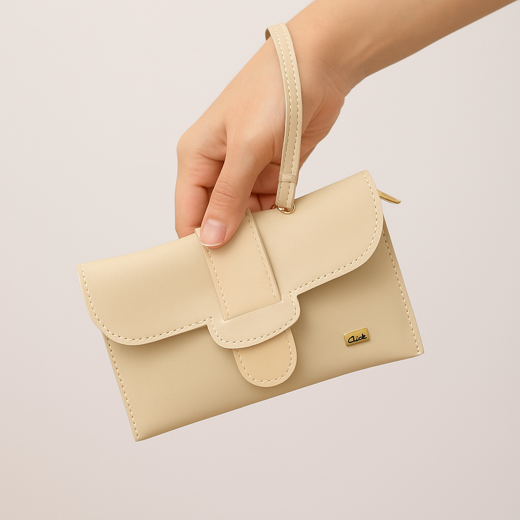 Beige handbag held by a hand on a light beige background